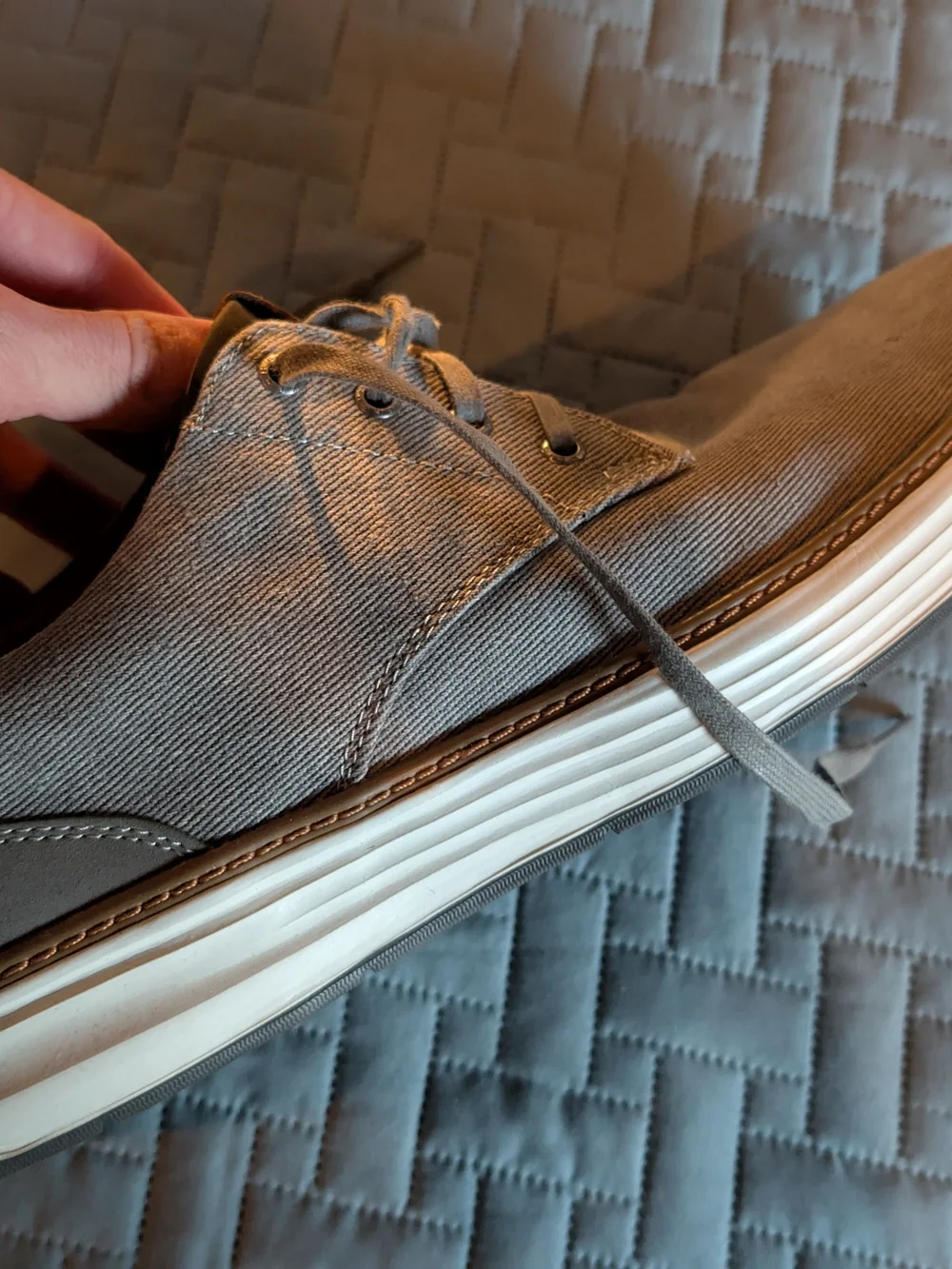 Skechers Wide Fit Memory Foam Men’s Gray Canvas Lace-Up Sneakers with White Sole